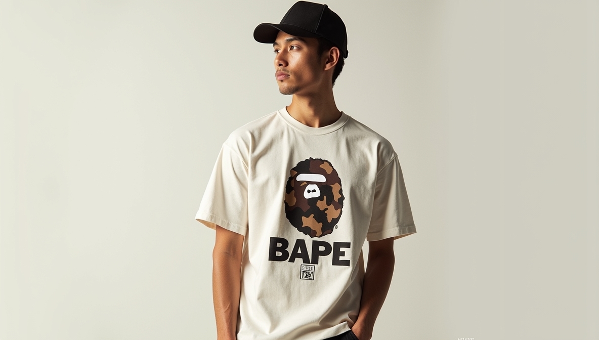 Editorial banner featuring models wearing BAPE T-shirts